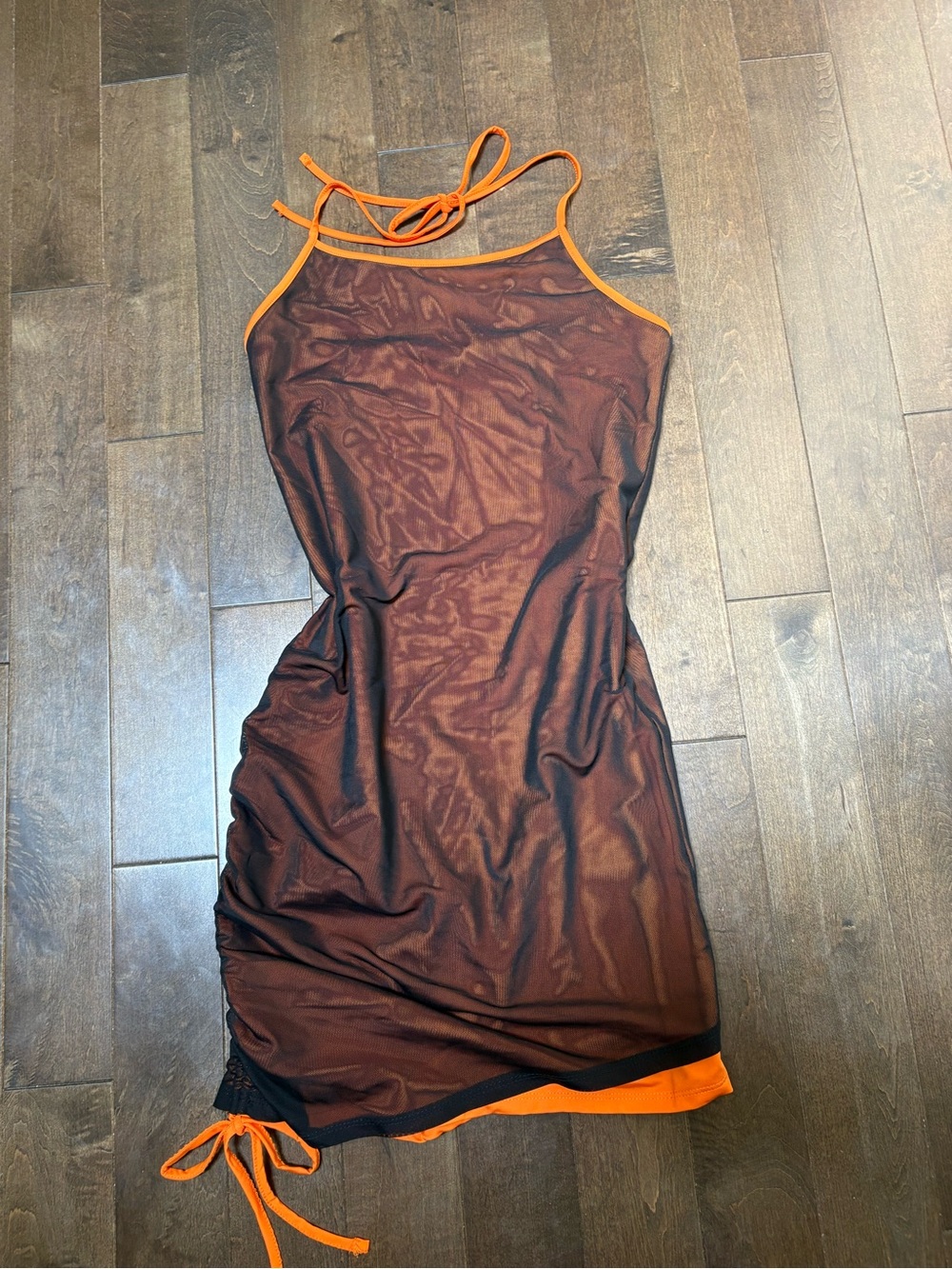 Mesh Halter Dress with Orange Lining and Ruching